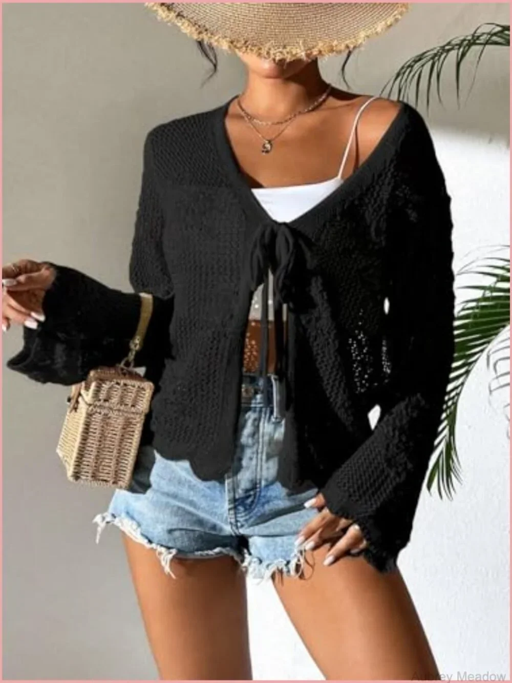Lightweight Crochet Tie Front Cardigan Shrug Crop Top Knit Cover Up